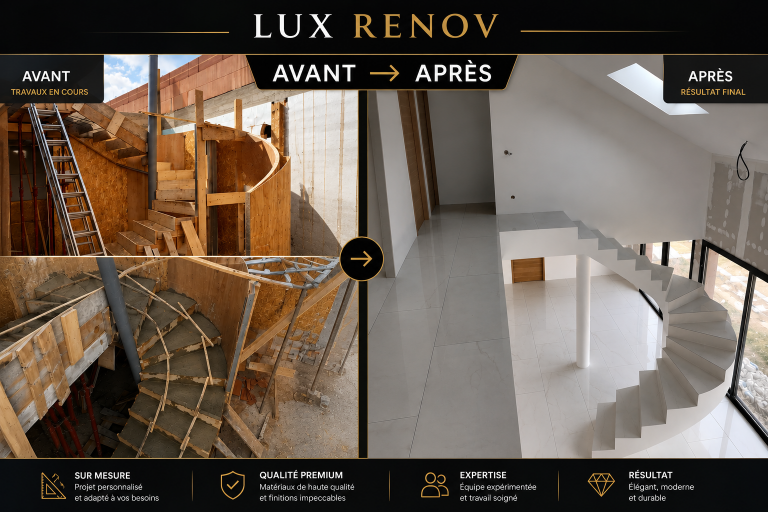 LUX RENOV — Avant / Après : escalier hélicoïdal en béton, chantier sur la Côte d'Azur