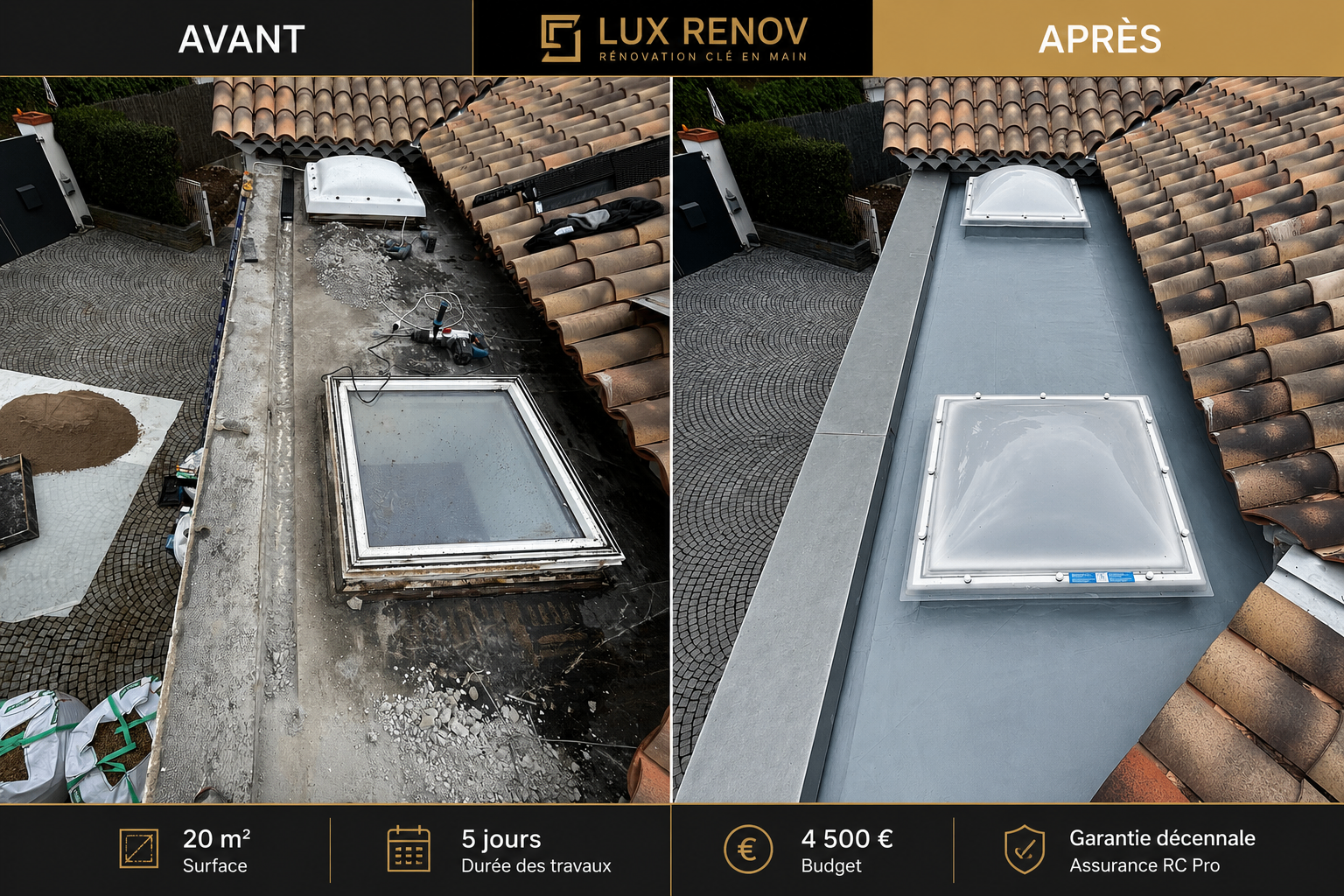 LUX RENOV — avant / après Toiture-terrasse étanchée à Nice